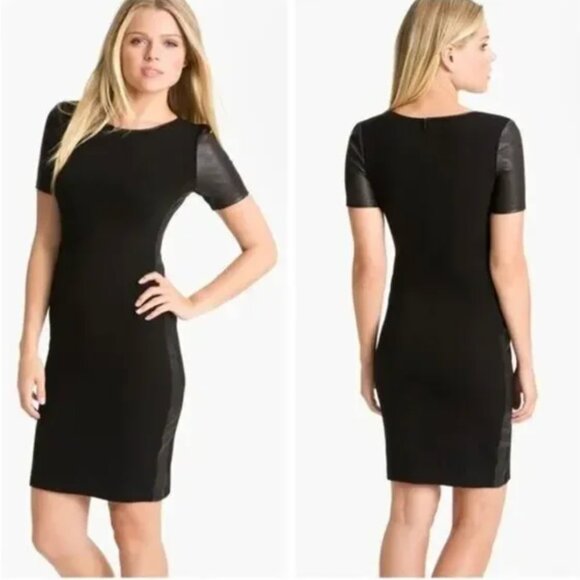 Theory Leilana Black Lamb Leather Panel Trim Short Sleeve Sheath Dress Work 6 - Picture 2 of 11